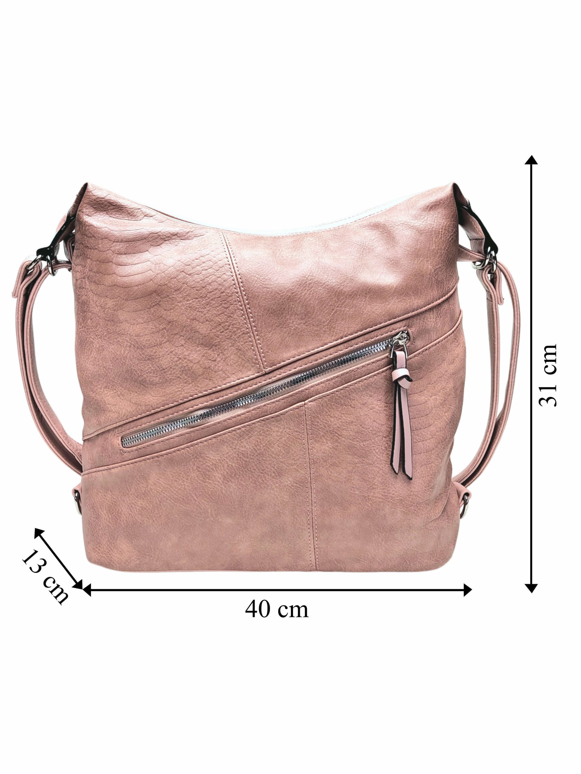 Velký starorůžový kabelko-batoh z eko kůže, Tapple, H18077, přední strana kabelko-batohu 2v1 s rozměry