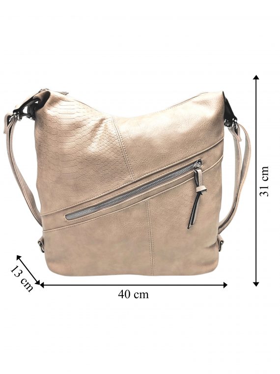 Velký světle hnědý kabelko-batoh z eko kůže, Tapple, H18077, přední strana kabelko-batohu 2v1 s rozměry