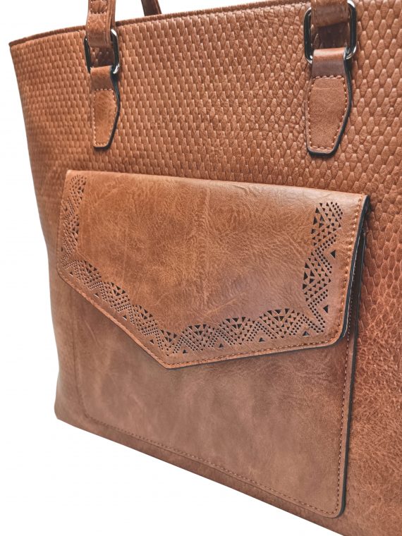 Velká středně hnědá kabelka přes rameno s kapsou, Tapple, H22920, detail kabelky přes rameno