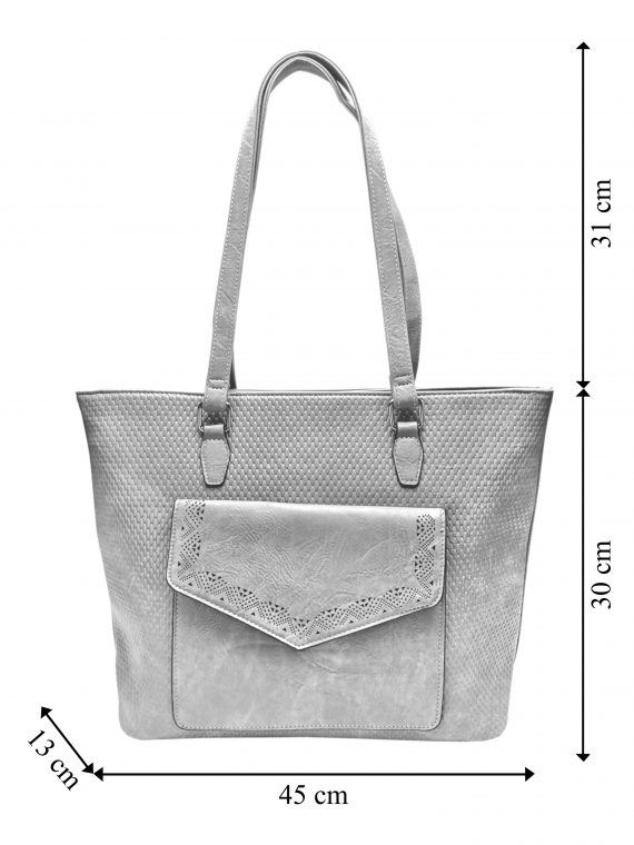 Velká světle šedá kabelka přes rameno s kapsou, Tapple, H22920, přední strana kabelky přes rameno s rozměry