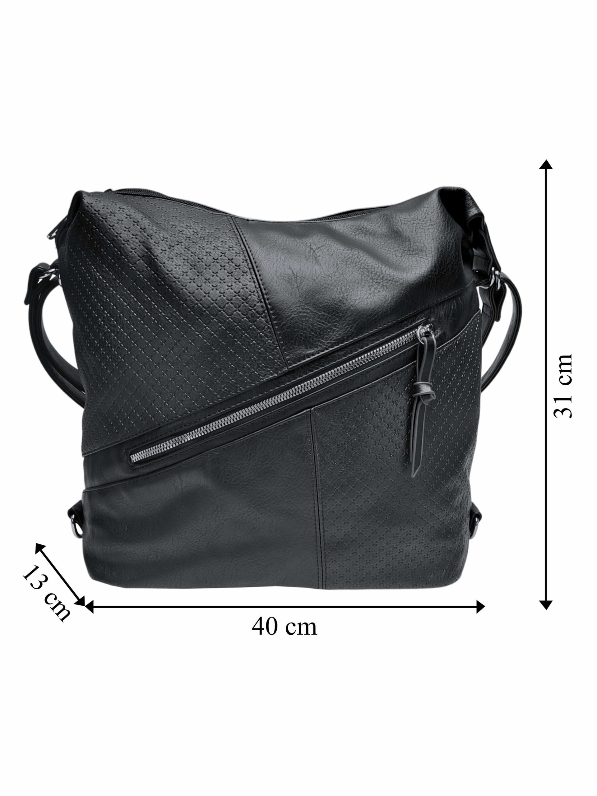 Velký černý kabelko-batoh s šikmou kapsou, Tapple, H18077N2, přední strana kabelko-batohu 2v1 s rozměry