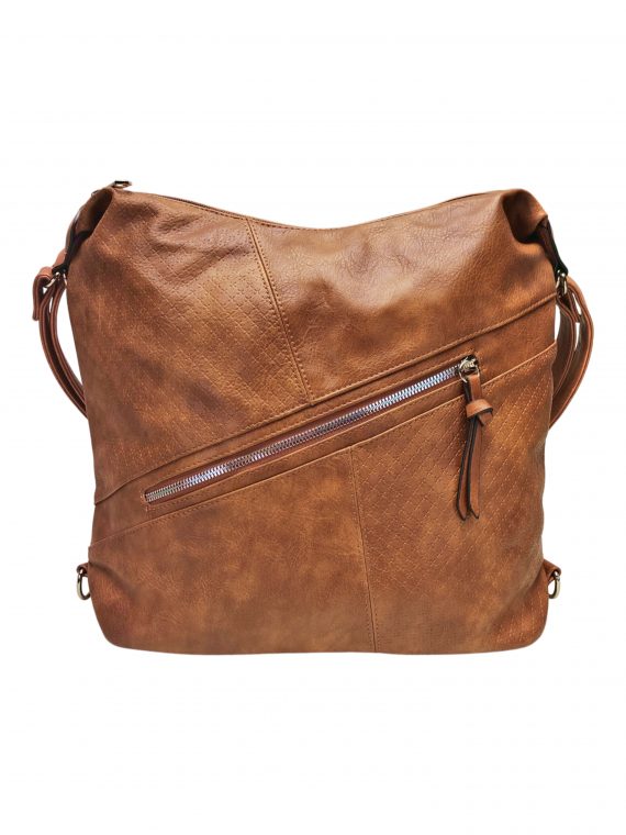 Velký středně hnědý kabelko-batoh s šikmou kapsou, Tapple, H18077N2, přední strana kabelko-batohu 2v1