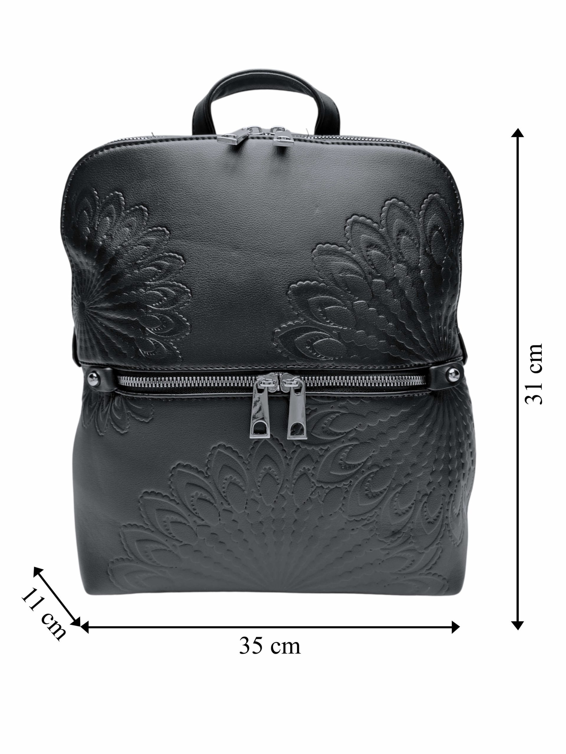 Černý dámský batoh s ornamenty, Tapple, H20820-12, přední strana batohu s rozměry