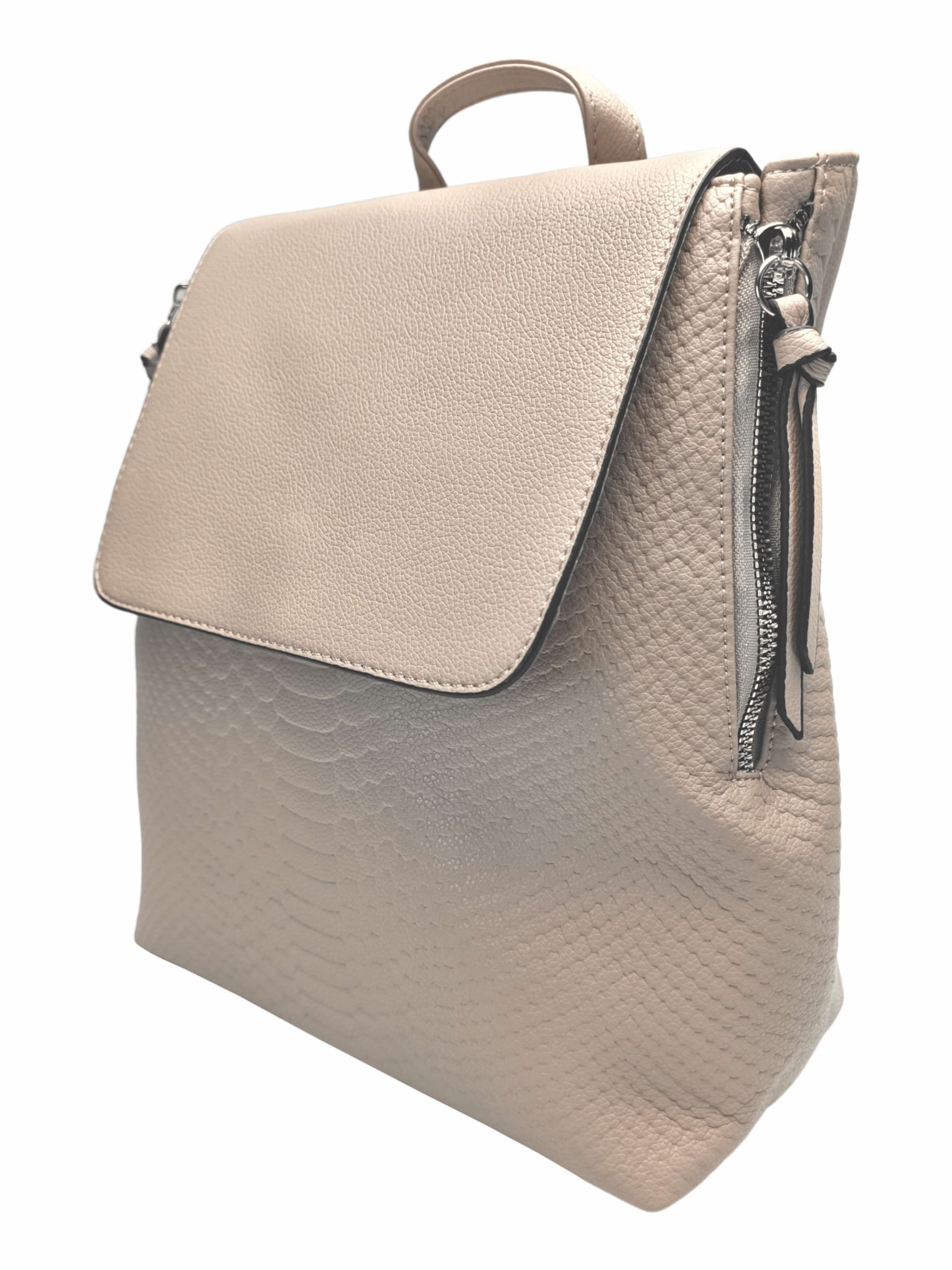 Šedobéžový dámský batoh s hadím vzorem, Tapple, H22386, boční strana batohu s klopou
