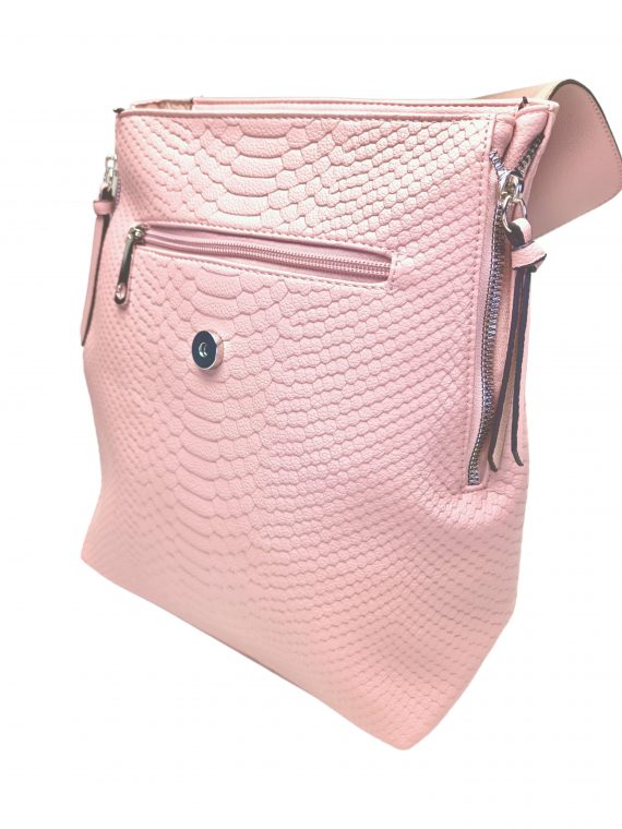 Světle růžový dámský batoh s hadím vzorem, Tapple, H22386, boční strana batohu s odkrytou klopou