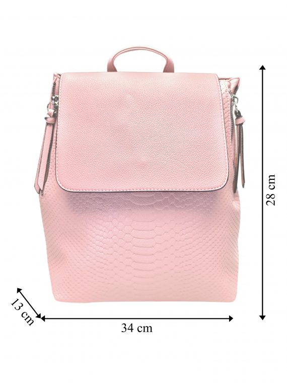 Světle růžový dámský batoh s hadím vzorem, Tapple, H22386, přední strana batohu s rozměry
