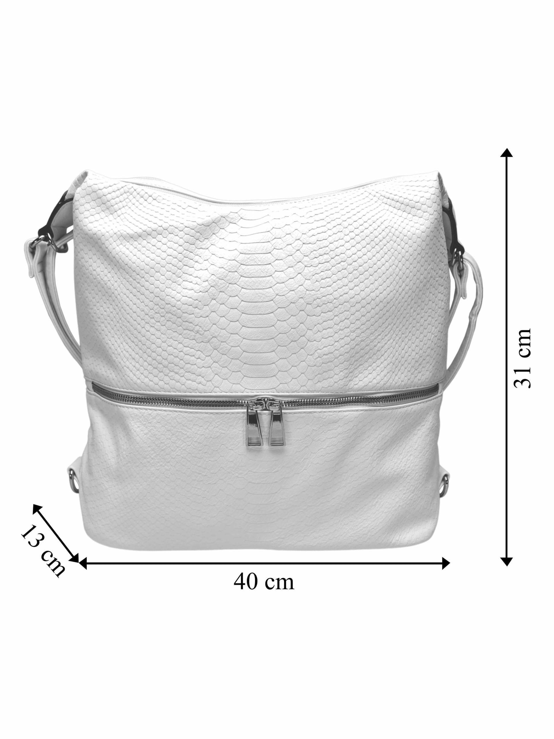 Moderní bílý kabelko-batoh z eko kůže, Tapple, H190010, přední strana kabelko-batohu 2v1 s rozměry