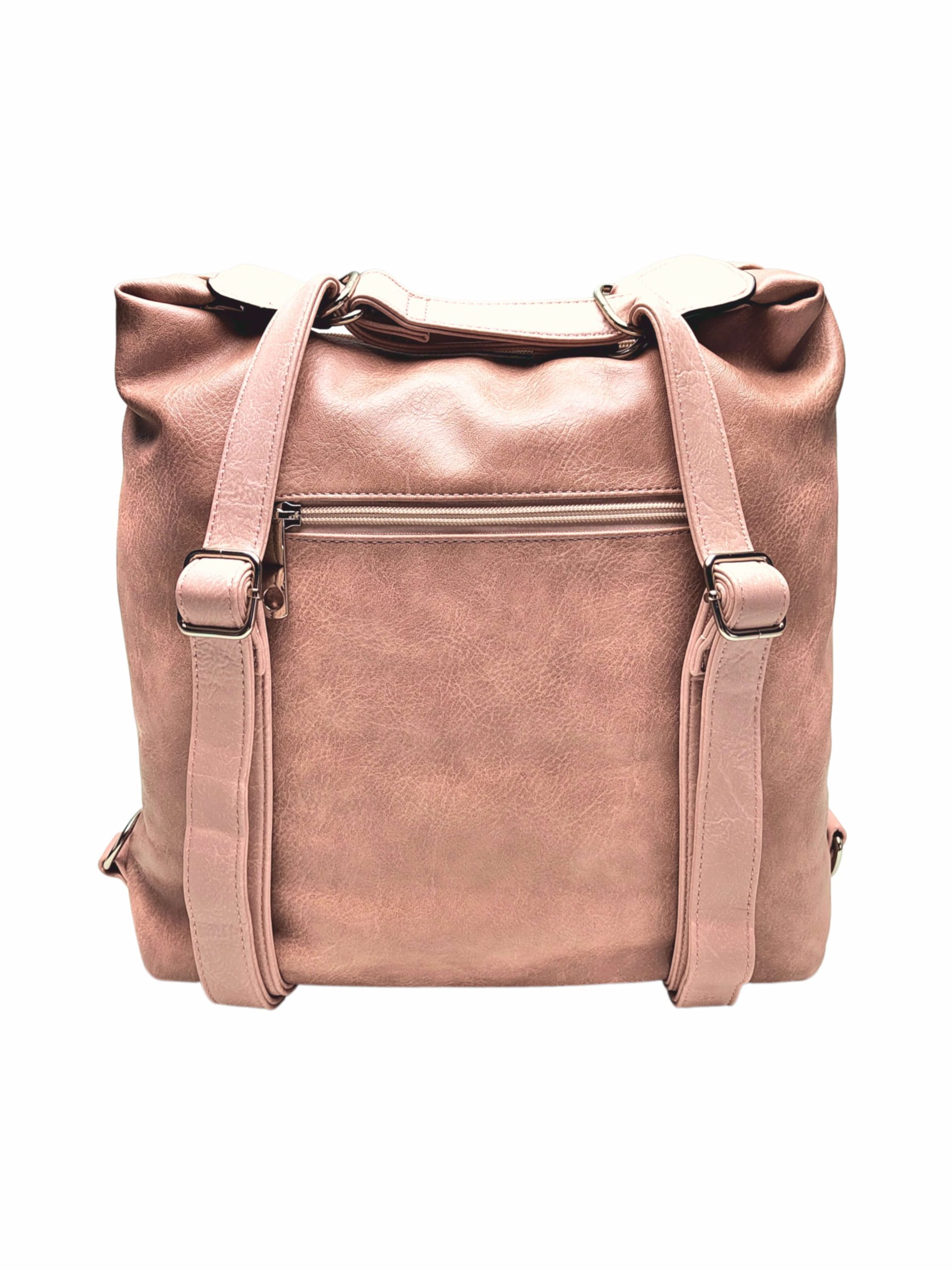 Moderní starorůžový kabelko-batoh z eko kůže, Tapple, H190010, zadní strana kabelko-batohu 2v1 s popruhy