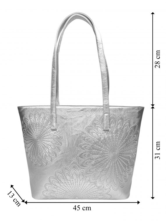 Stříbrná dámská kabelka přes rameno se vzorem, Tapple, H17409N, přední strana kabelky s rozměry