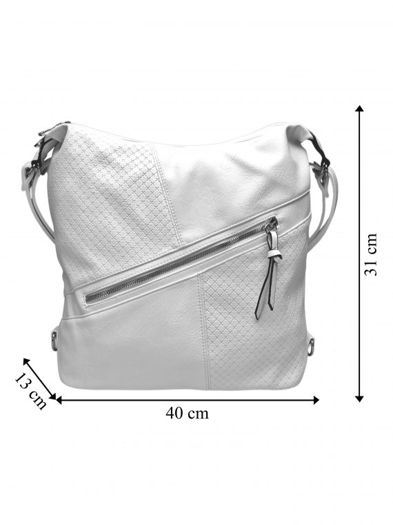 Velký bílý kabelko-batoh s šikmou kapsou, Tapple, H18077N+, přední strana kabelko-batohu 2v1 s rozměry