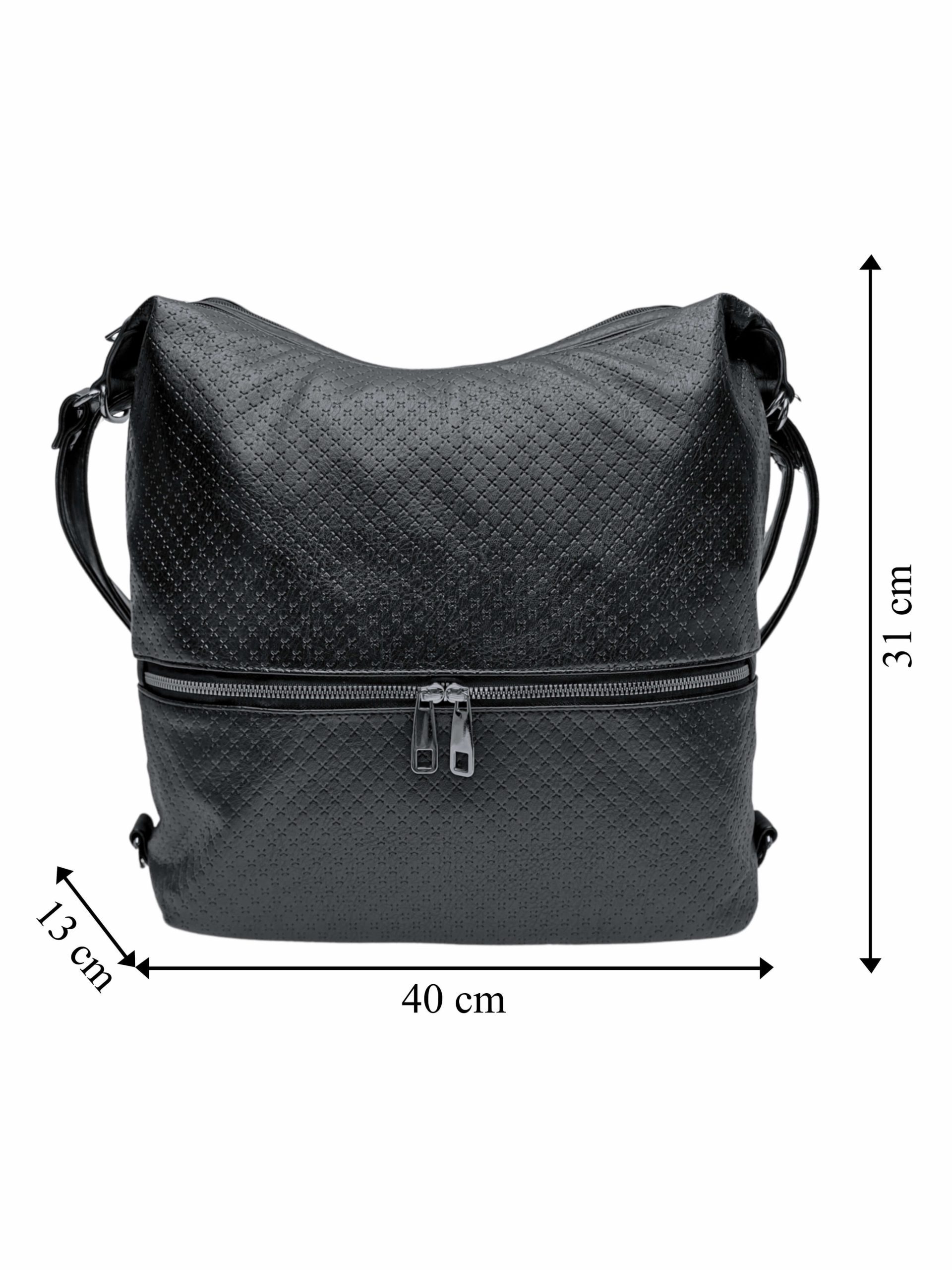 Velký černý kabelko-batoh 2v1 s praktickou kapsou, Tapple, H190010N+, přední strana kabelko-batohu 2v1 s rozměry