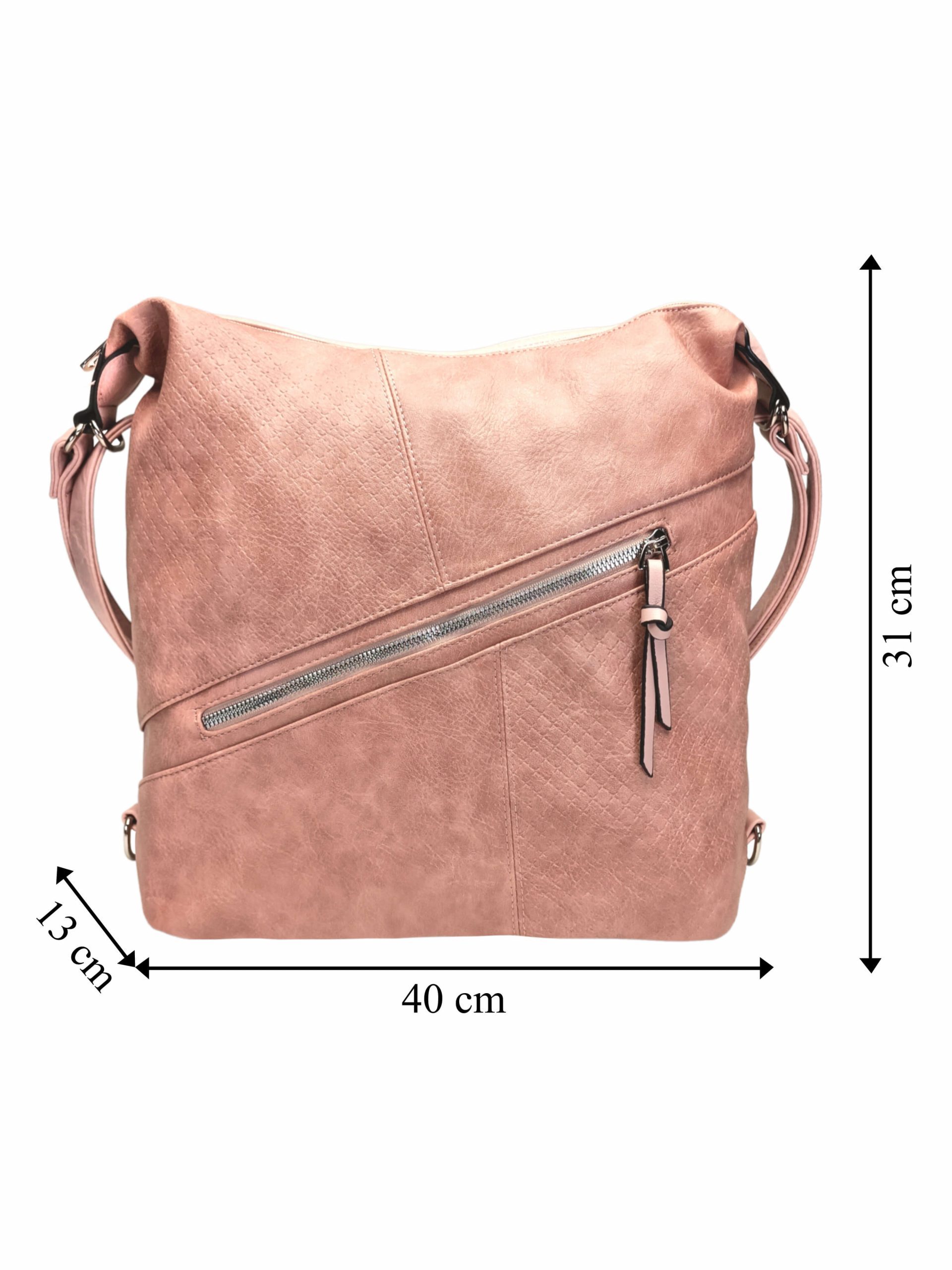 Velký starorůžový kabelko-batoh s šikmou kapsou, Tapple, H18077N+, přední strana kabelko-batohu 2v1 s rozměry