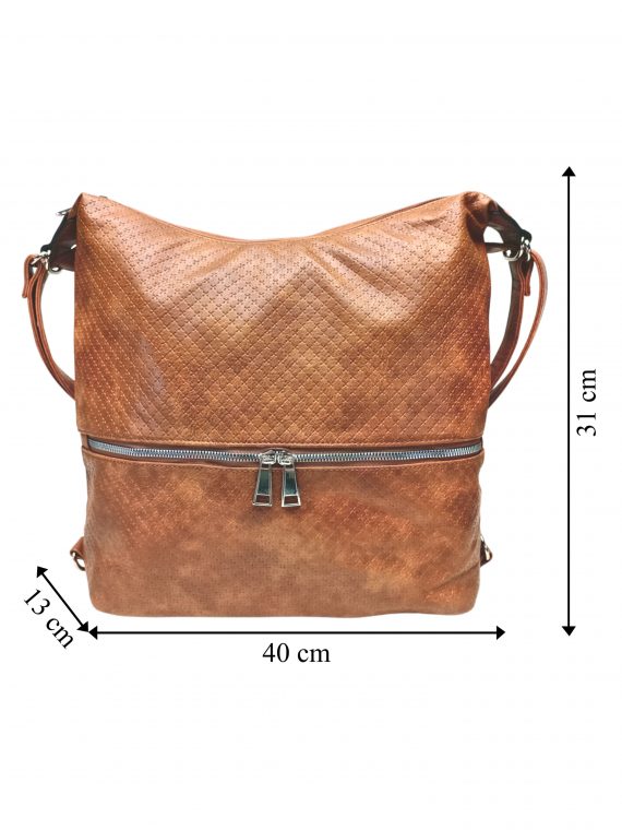 Velký středně hnědý kabelko-batoh 2v1 s praktickou kapsou, Tapple, H190010N+, přední strana kabelko-batohu 2v1 s rozměry