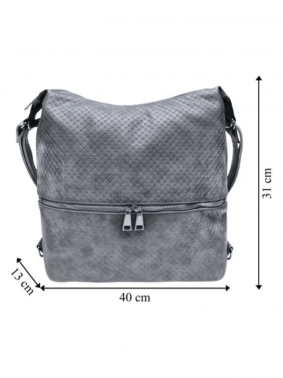 Velký středně šedý kabelko-batoh 2v1 s praktickou kapsou, Tapple, H190010N+, přední strana kabelko-batohu 2v1 s rozměry