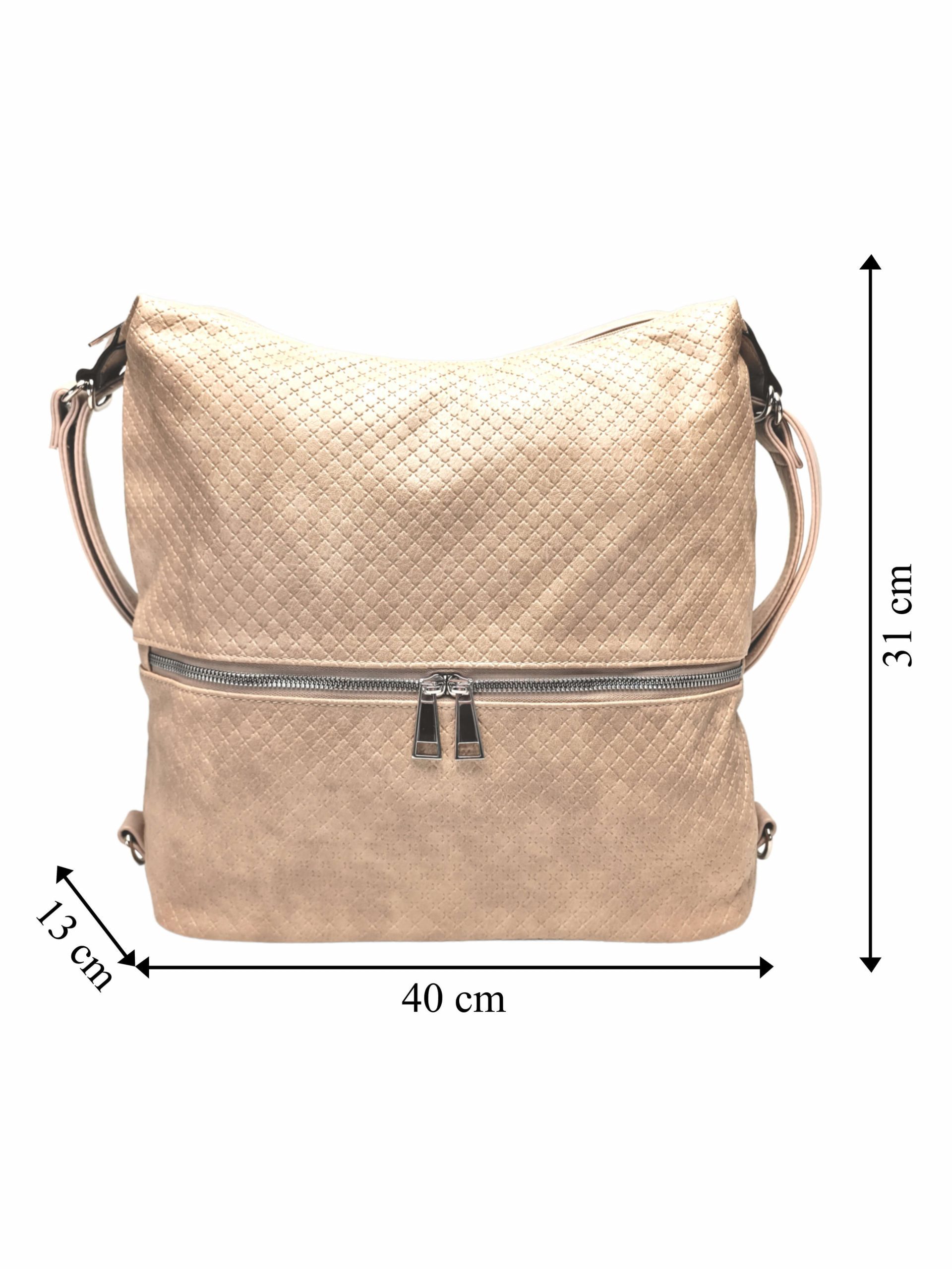 Velký světle hnědý kabelko-batoh 2v1 s praktickou kapsou, Tapple, H190010N+, přední strana kabelko-batohu 2v1 s rozměry