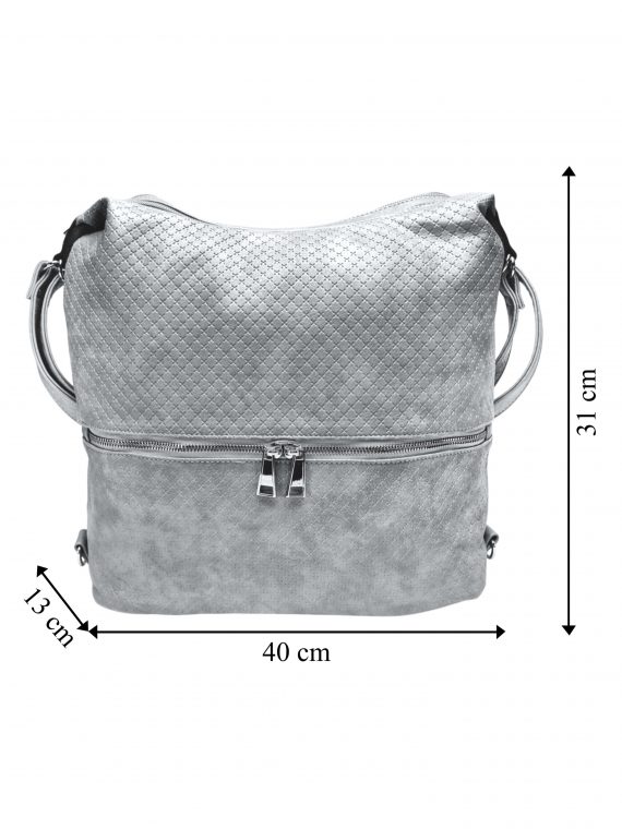 Velký světle šedý kabelko-batoh 2v1 s praktickou kapsou, Tapple, H190010N+, přední strana kabelko-batohu 2v1 s rozměry