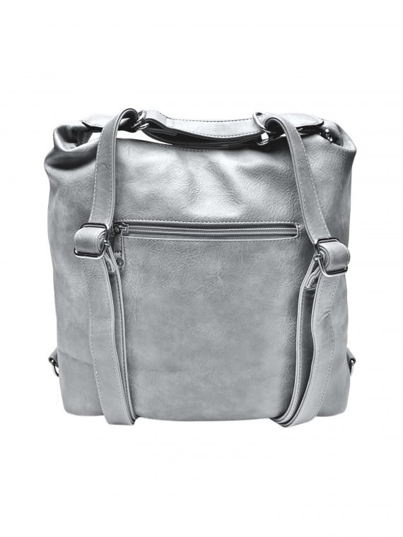 Velký světle šedý kabelko-batoh s šikmou kapsou, Tapple, H18077N+, zadní strana kabelko-batohu 2v1 s popruhy