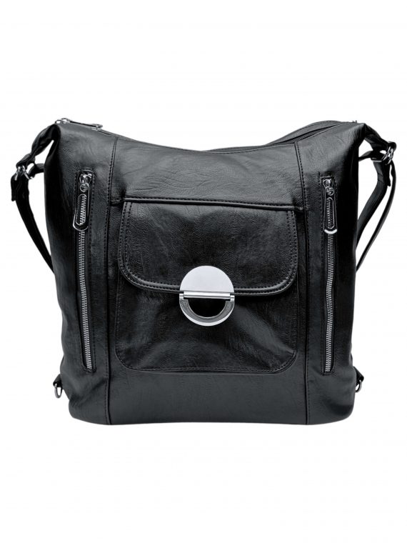 Velký černý kabelko-batoh 2v1 s kapsami, Tapple, H23029, přední strana kabelko-batohu 2v1