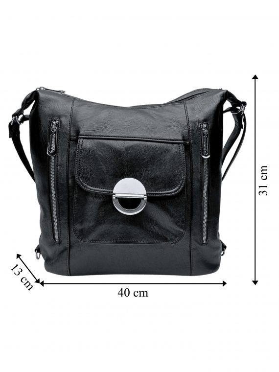 Velký černý kabelko-batoh 2v1 s kapsami, Tapple, H23029, přední strana kabelko-batohu 2v1 s rozměry