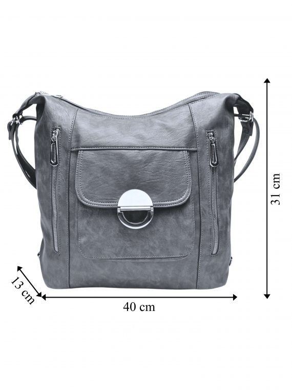 Velký středně šedý kabelko-batoh 2v1 s kapsami, Tapple, H23029, přední strana kabelko-batohu 2v1 s rozměry