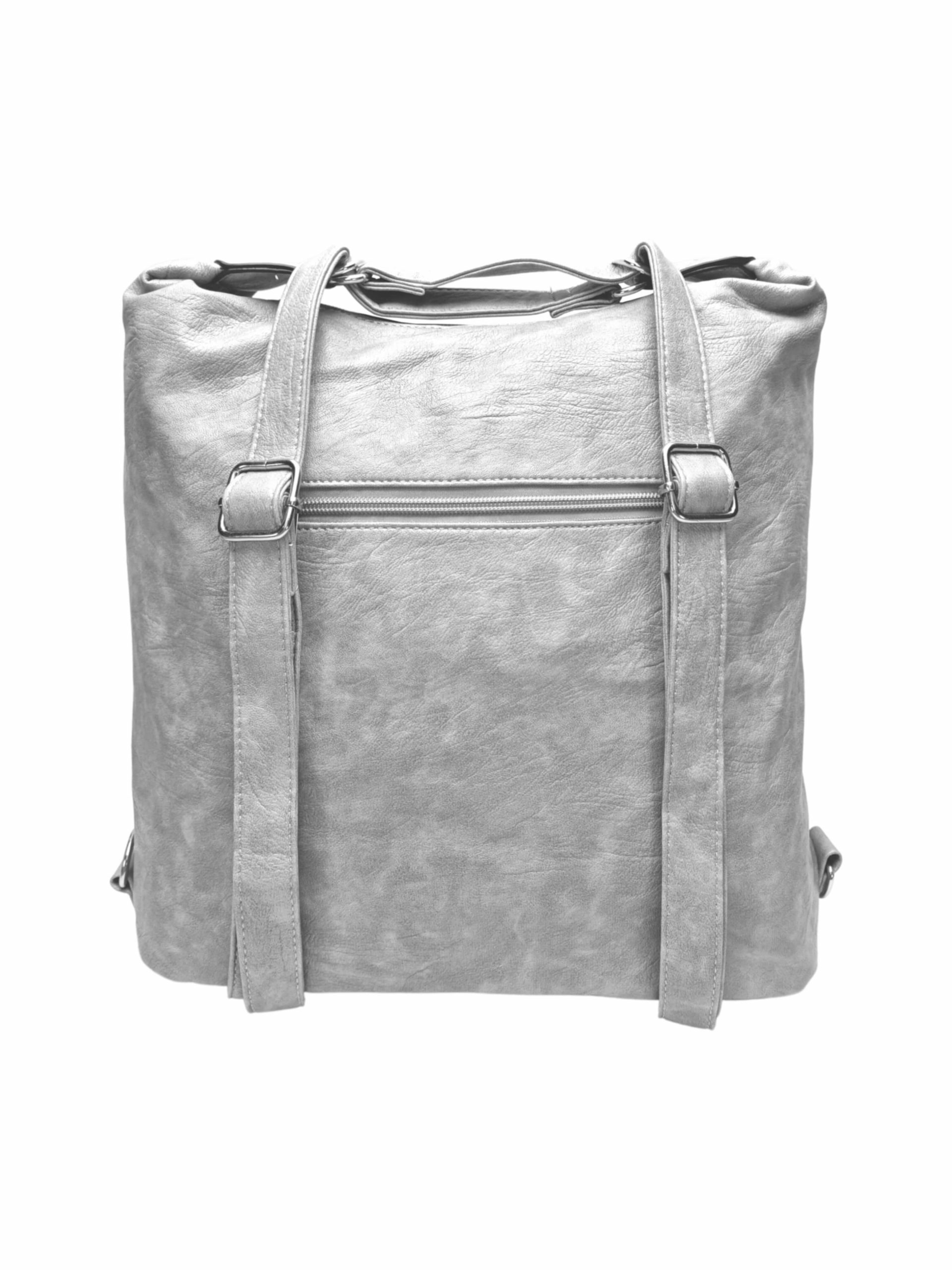 Velký světle šedý kabelko-batoh 2v1 s kapsami, Tapple, H23029, zadní strana kabelko-batohu 2v1 s popruhy