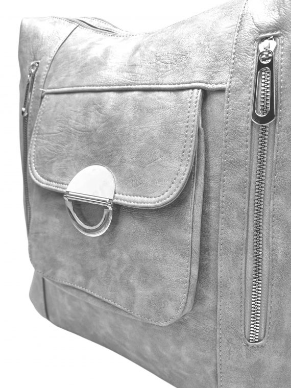 Velký světle šedý kabelko-batoh 2v1 s kapsami, Tapple, H23029, detail kabelko-batohu 2v1