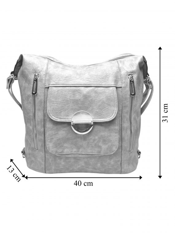 Velký světle šedý kabelko-batoh 2v1 s kapsami, Tapple, H23029, přední strana kabelko-batohu 2v1 s rozměry