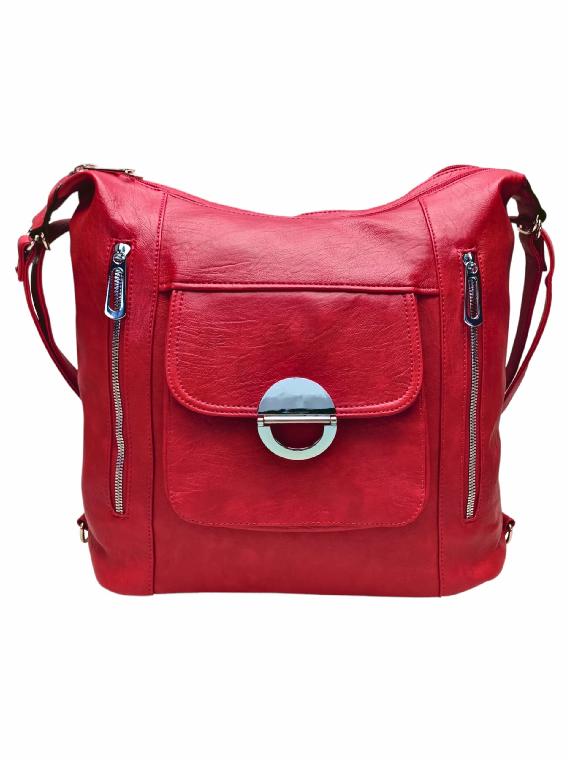Velký tmavě červený kabelko-batoh 2v1 s kapsami, Tapple, H23029, přední strana kabelko-batohu 2v1