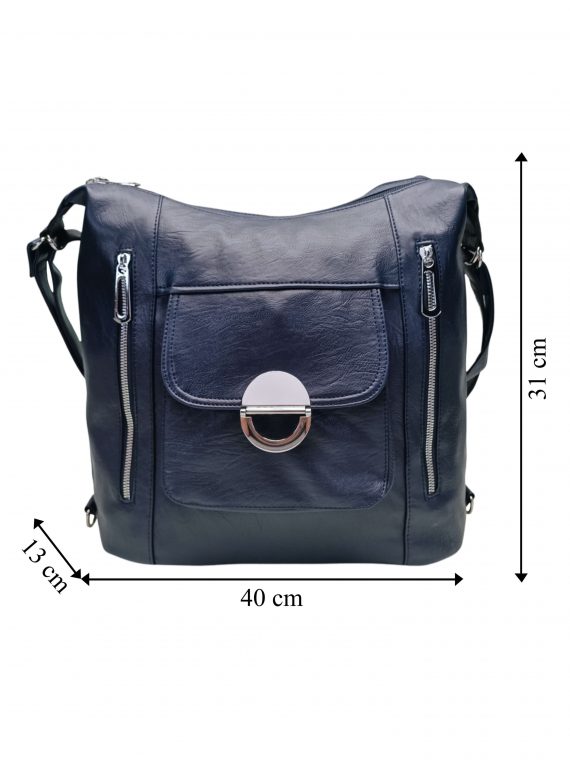 Velký tmavě modrý kabelko-batoh 2v1 s kapsami, Tapple, H23029, přední strana kabelko-batohu 2v1 s rozměry