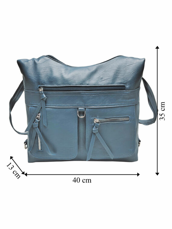 Praktický středně modrý kabelko-batoh 2v1, Tapple, 039C, přední strana kabelko-batohu 2v1 s rozměry