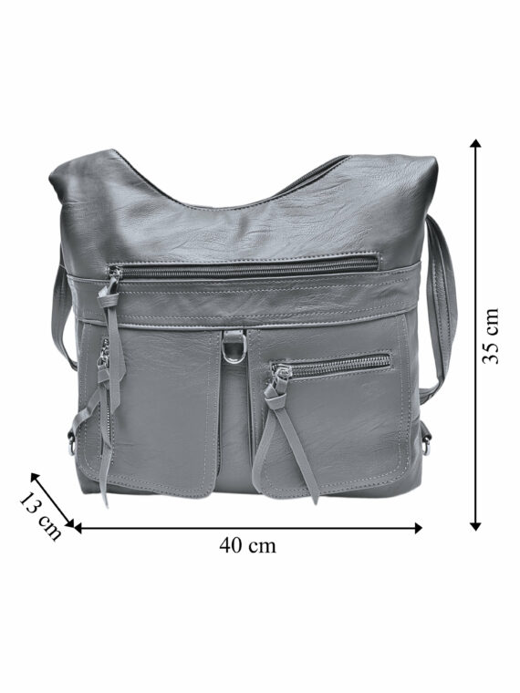 Praktický středně šedý kabelko-batoh 2v1, Tapple, 039C, přední strana kabelko-batohu 2v1 s rozměry