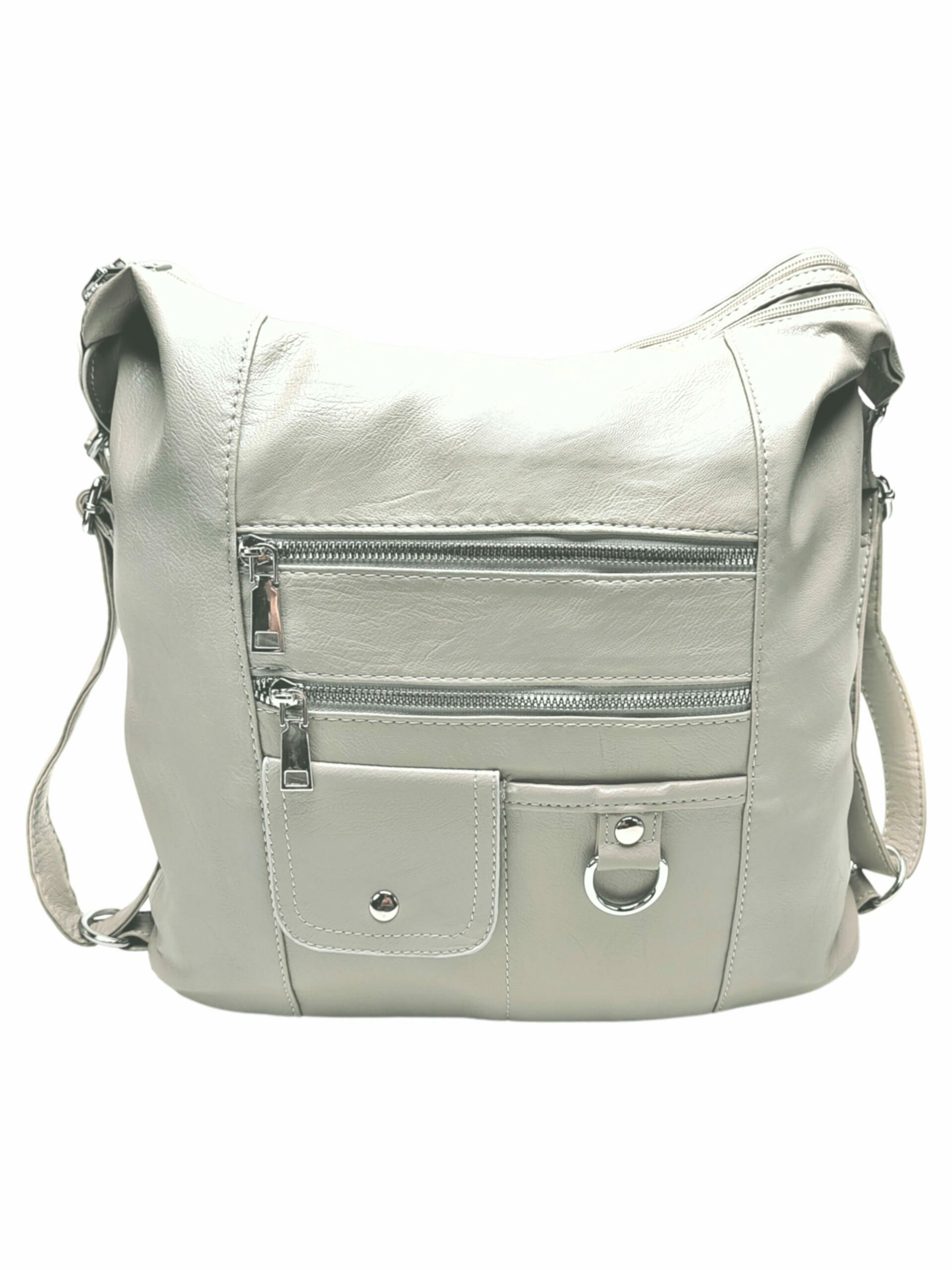 Šedobéžový kabelko-batoh 2v1 s kapsami, Tapple, S17BV6, přední strana kabelko-batohu 2v1