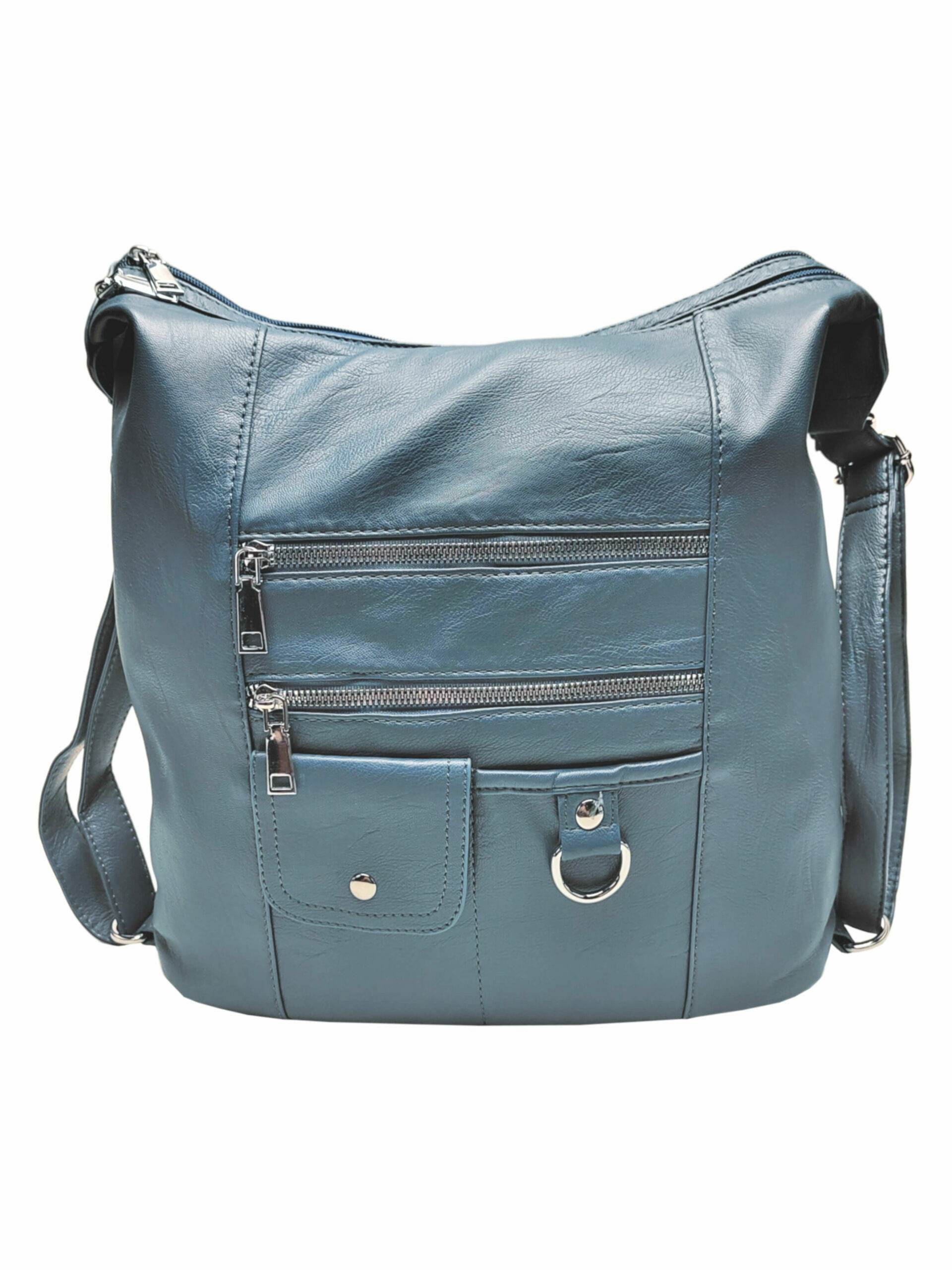 Středně modrý kabelko-batoh 2v1 s kapsami, Tapple, S17BV6, přední strana kabelko-batohu 2v1