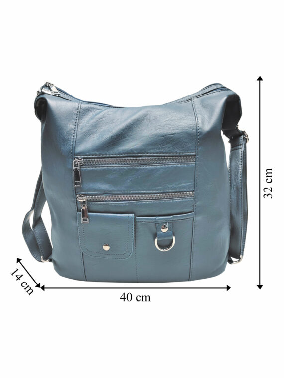 Středně modrý kabelko-batoh 2v1 s kapsami, Tapple, S17BV6, přední strana kabelko-batohu 2v1 s rozměry