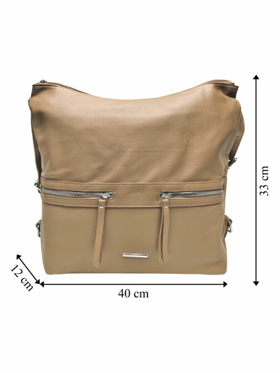 Velká hnědošedá kabelka a batoh 2v1, Tapple, X366, přední strana kabelko-batohu 2v1 s rozměry