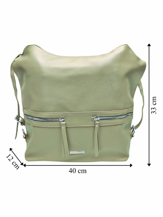 Velká khaki / hnědozelená kabelka a batoh 2v1, Tapple, X366, přední strana kabelko-batohu 2v1 s rozměry