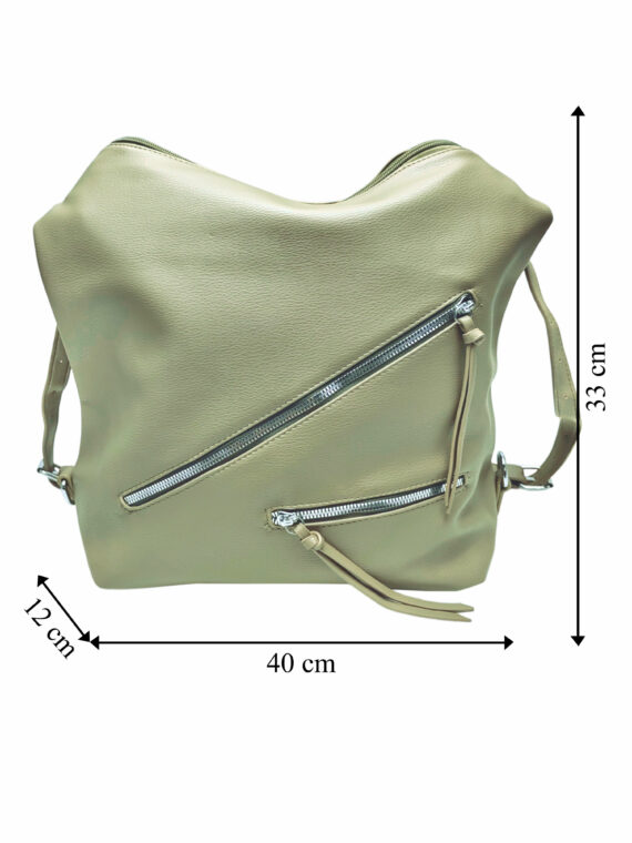 Velká khaki / hnědozelená kabelka a batoh v jednom, Tapple, X368, přední strana kabelko-batohu 2v1 s rozměry