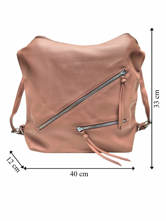Velká starorůžová kabelka a batoh v jednom, Tapple, X368, přední strana kabelko-batohu 2v1 s rozměry