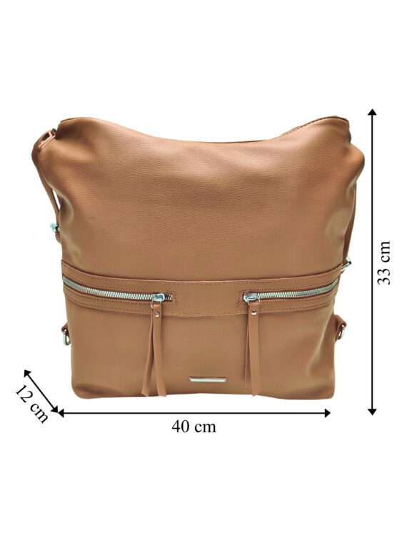 Velká středně hnědá kabelka a batoh 2v1, Tapple, X366, přední strana kabelko-batohu 2v1 s rozměry