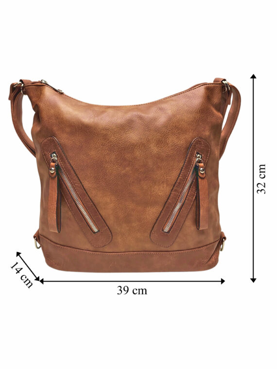 Velký středně hnědý kabelko-batoh s kapsami, Tapple, H23906, přední strana kabelko-batohu s rozměry