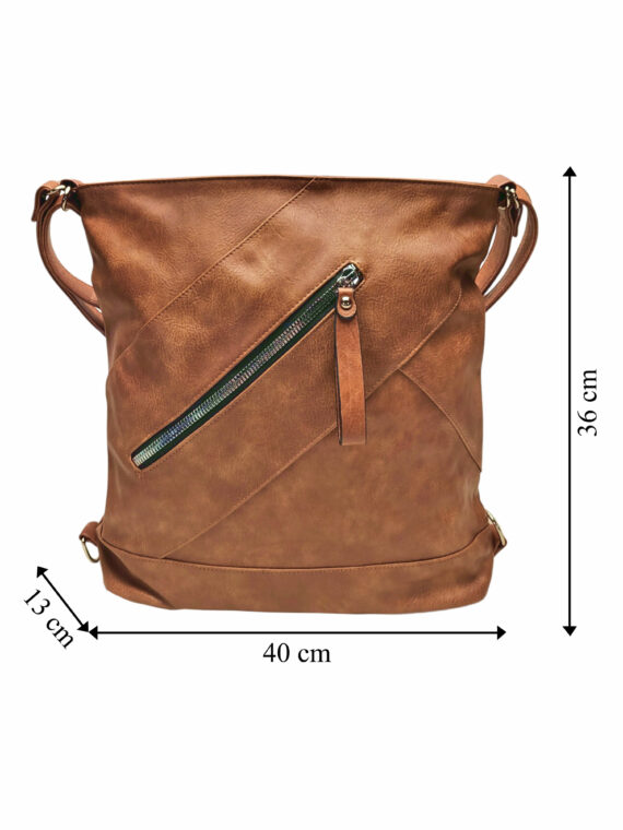 Velký středně hnědý kabelko-batoh s kapsou, Tapple, H23904, přední strana kabelko-batohu s rozměry