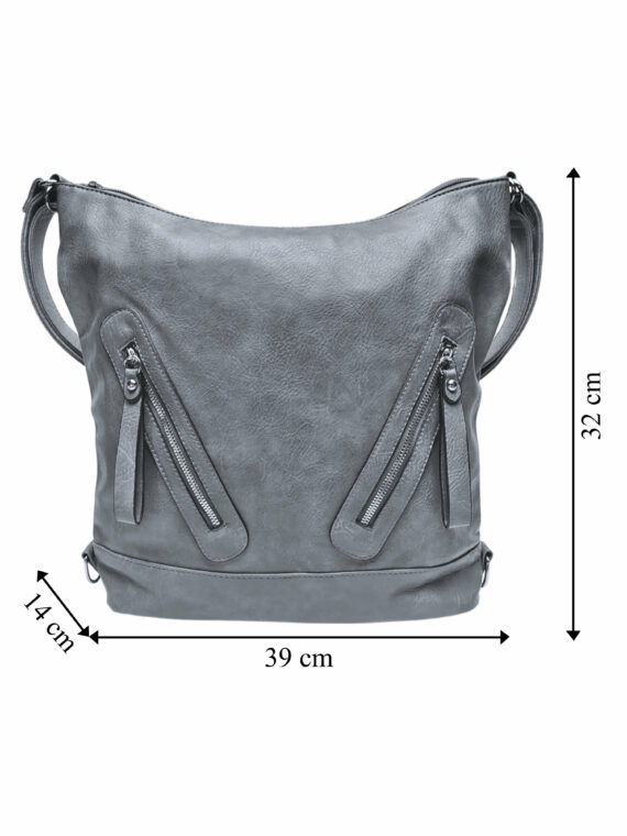 Velký středně šedý kabelko-batoh s kapsami, Tapple, H23906, přední strana kabelko-batohu s rozměry