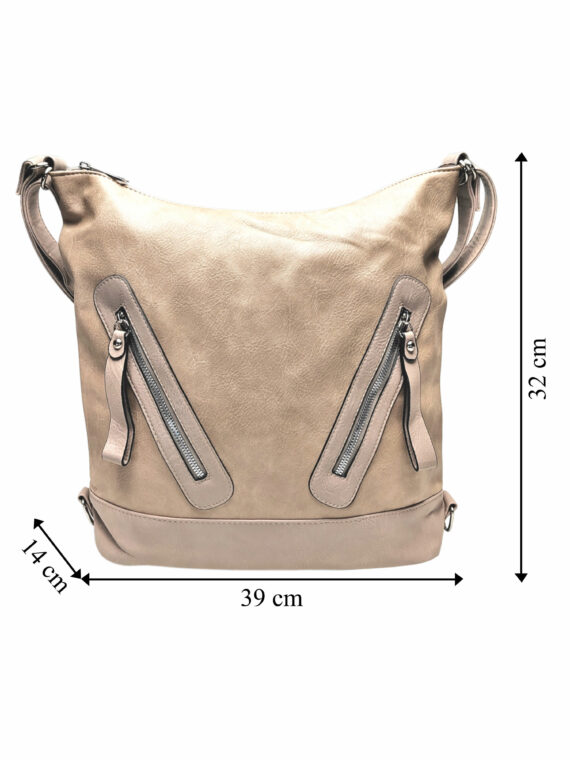 Velký světle hnědý kabelko-batoh s kapsami, Tapple, H23906, přední strana kabelko-batohu s rozměry