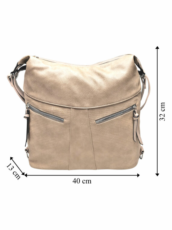 Velký světle hnědý kabelko-batoh z eko kůže, Tapple, H18076, přední strana kabelko-batohu s rozměry