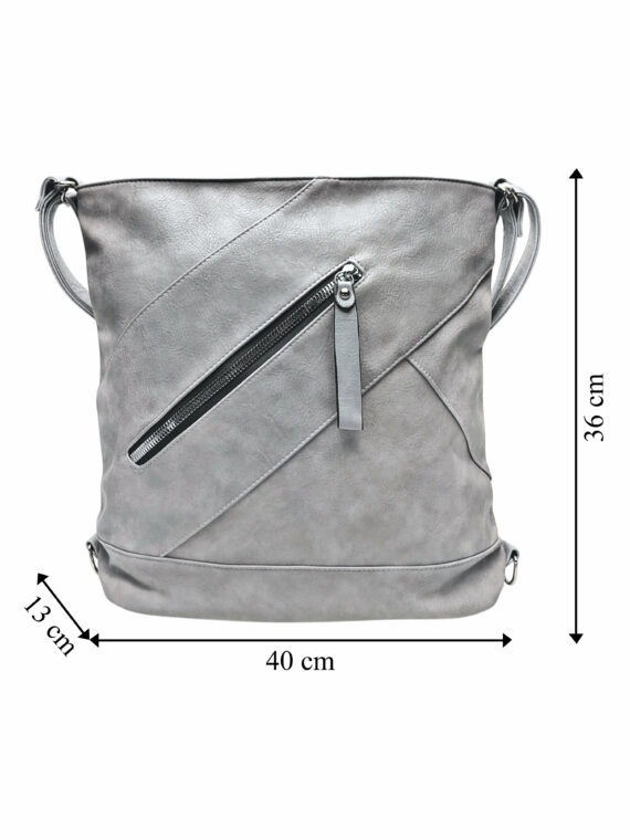 Velký světle šedý kabelko-batoh s kapsou, Tapple, H23904, přední strana kabelko-batohu s rozměry