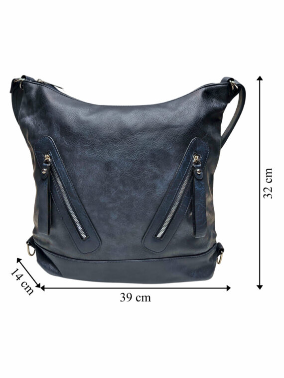 Velký tmavě modrý kabelko-batoh s kapsami, Tapple, H23906, přední strana kabelko-batohu s rozměry