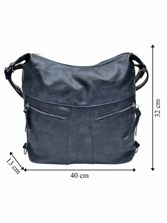 Velký tmavě modrý kabelko-batoh z eko kůže, Tapple, H18076, přední strana kabelko-batohu s rozměry