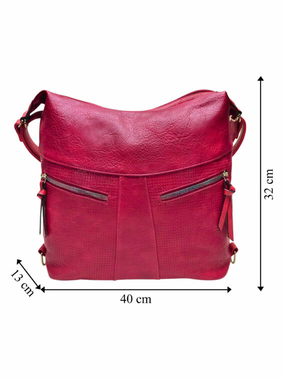 Velký vínový / bordó kabelko-batoh z eko kůže, Tapple, H18076, přední strana kabelko-batohu s rozměry