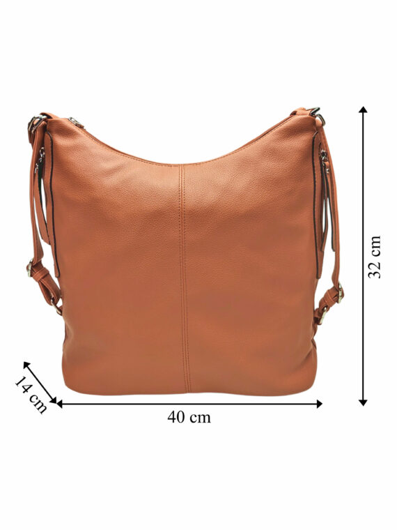 Velký středně hnědý kabelko-batoh s bočními kapsami, Tapple, 9314-3, přední strana kabelko-batohu s rozměry