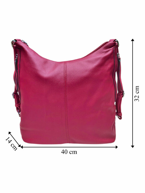 Velký vínový / bordó kabelko-batoh s bočními kapsami, Tapple, 9314-3, přední strana kabelko-batohu s rozměry
